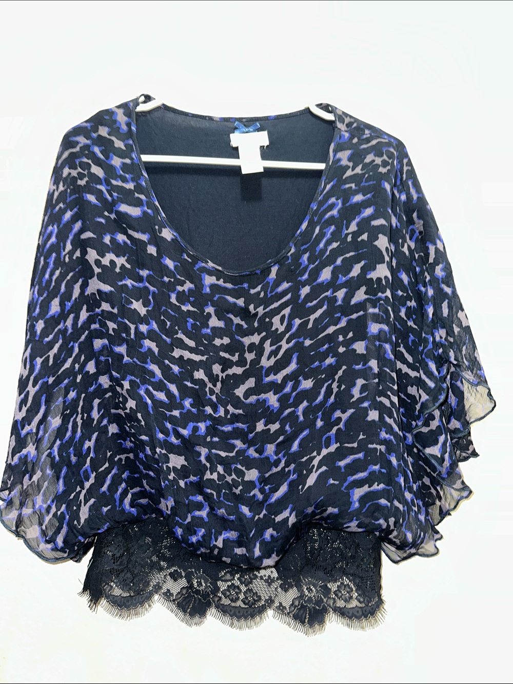 Lace-Hem Sheer Blouse in Navy and Purple